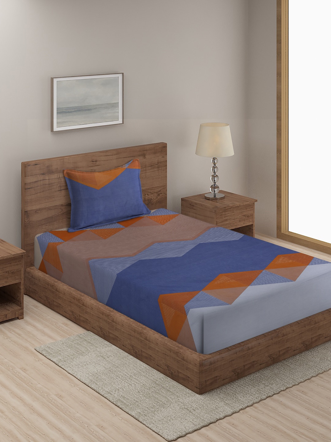 

SOKNACK Blue & Brown Geometric 300 TC Single Bedsheet with 1 Pillow Cover