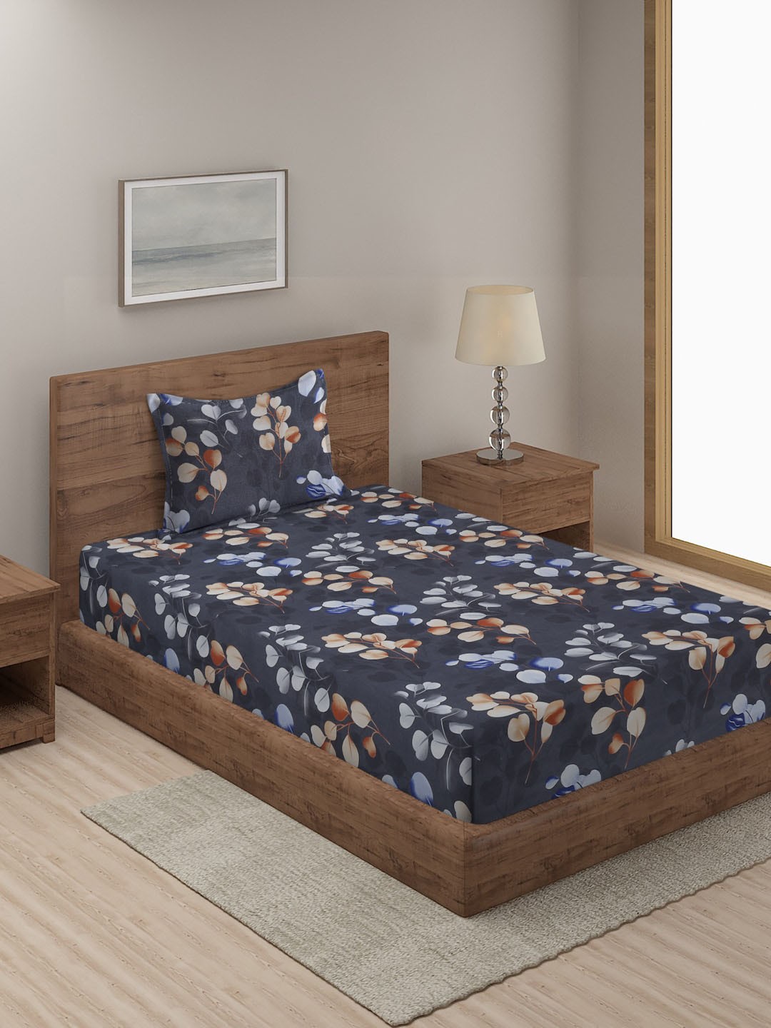 

SOKNACK Grey & Brown Floral 300 TC Single Bedsheet with 1 Pillow Cover