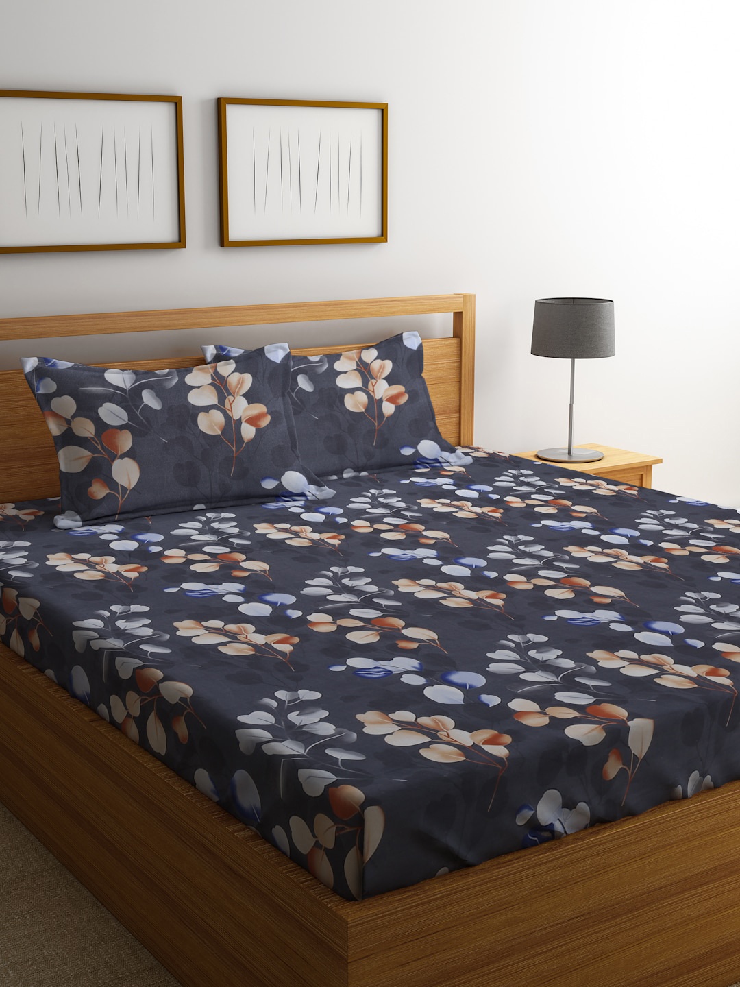 

SOKNACK Grey Melange & Brown Floral 300 TC Queen Bedsheet with 2 Pillow Covers