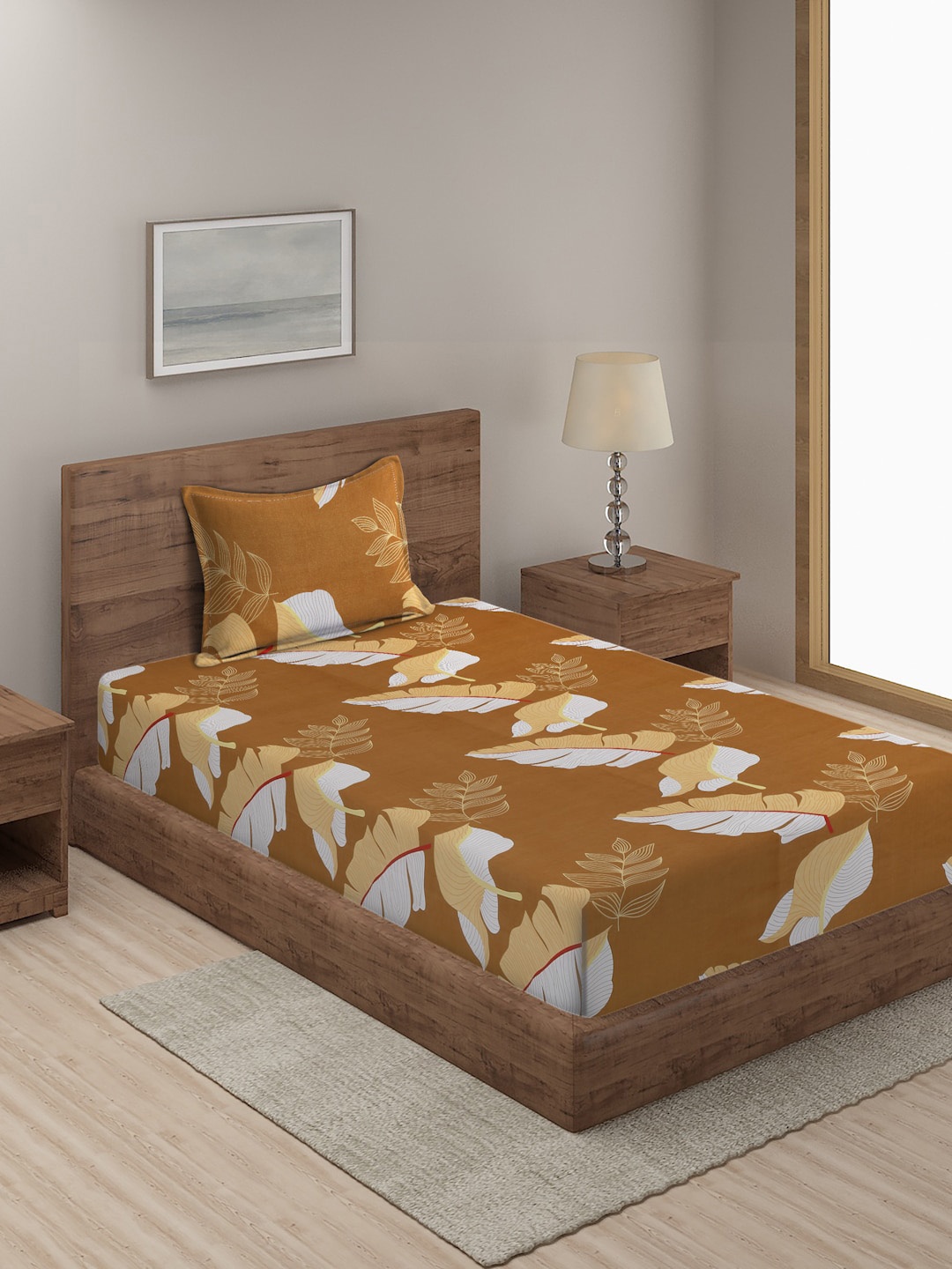 

SOKNACK Brown & White Floral 300 TC Single Bedsheet with 1 Pillow Cover