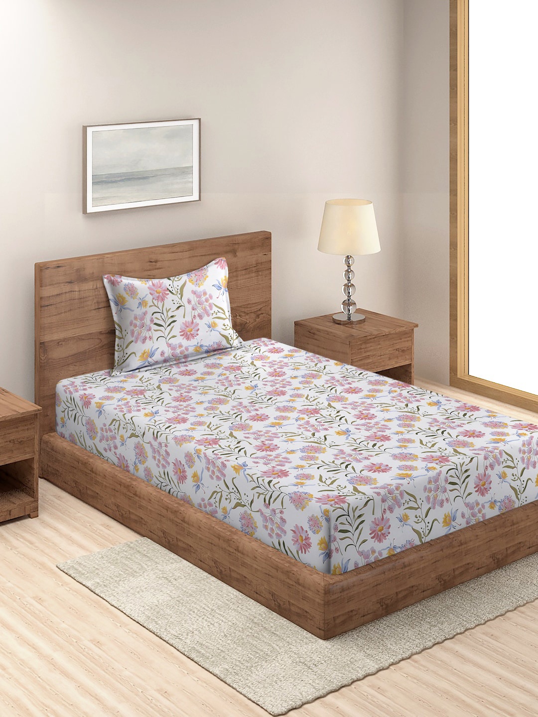 

SOKNACK White & Pink Floral 300 TC Single Bedsheet with 1 Pillow Cover