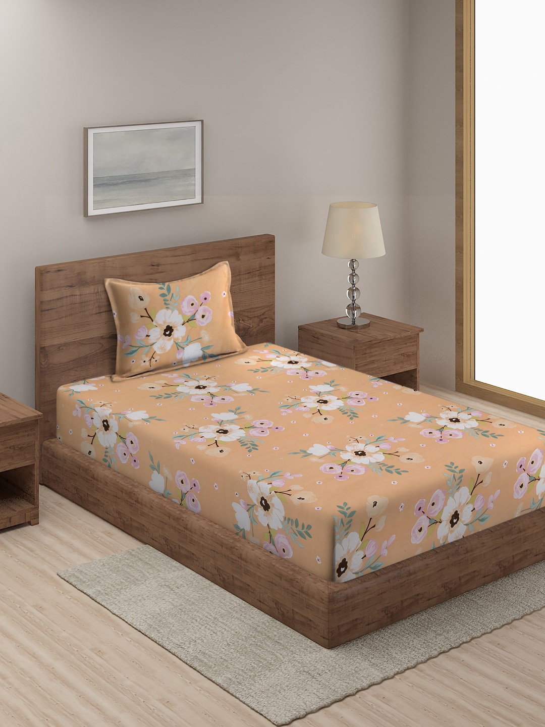 

SOKNACK Peach-Coloured & White Floral 300 TC Single Bedsheet with 1 Pillow Cover