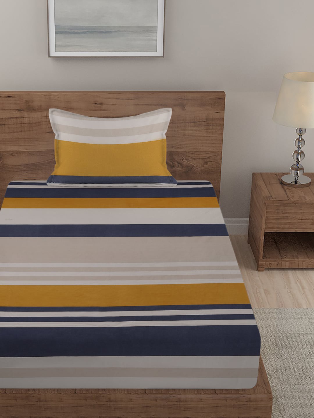 

SOKNACK Orange & Grey Striped 300 TC Single Bedsheet with 1 Pillow Cover