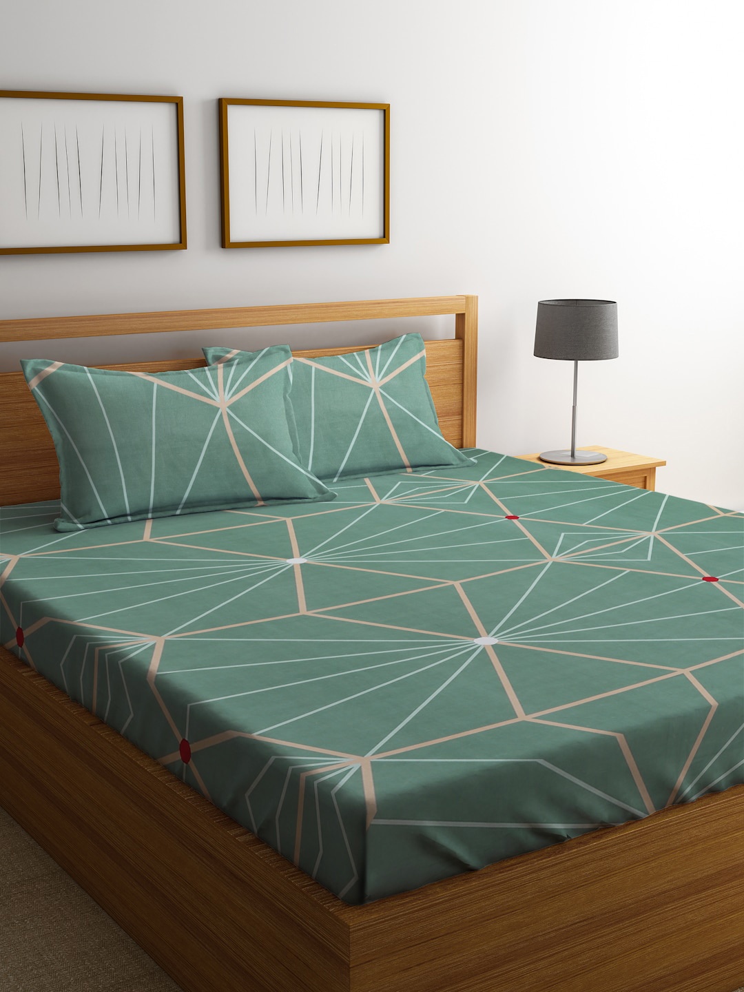 

SOKNACK Green & Blue Geometric 300 TC Queen Bedsheet with 2 Pillow Covers