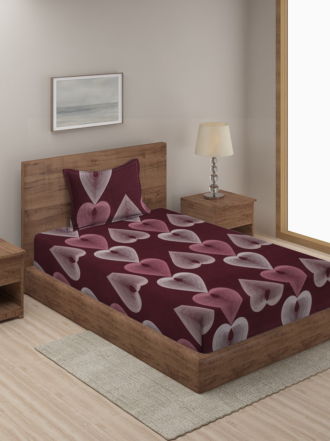 

SOKNACK Maroon & White Geometric 300 TC Single Bedsheet with 1 Pillow Cover
