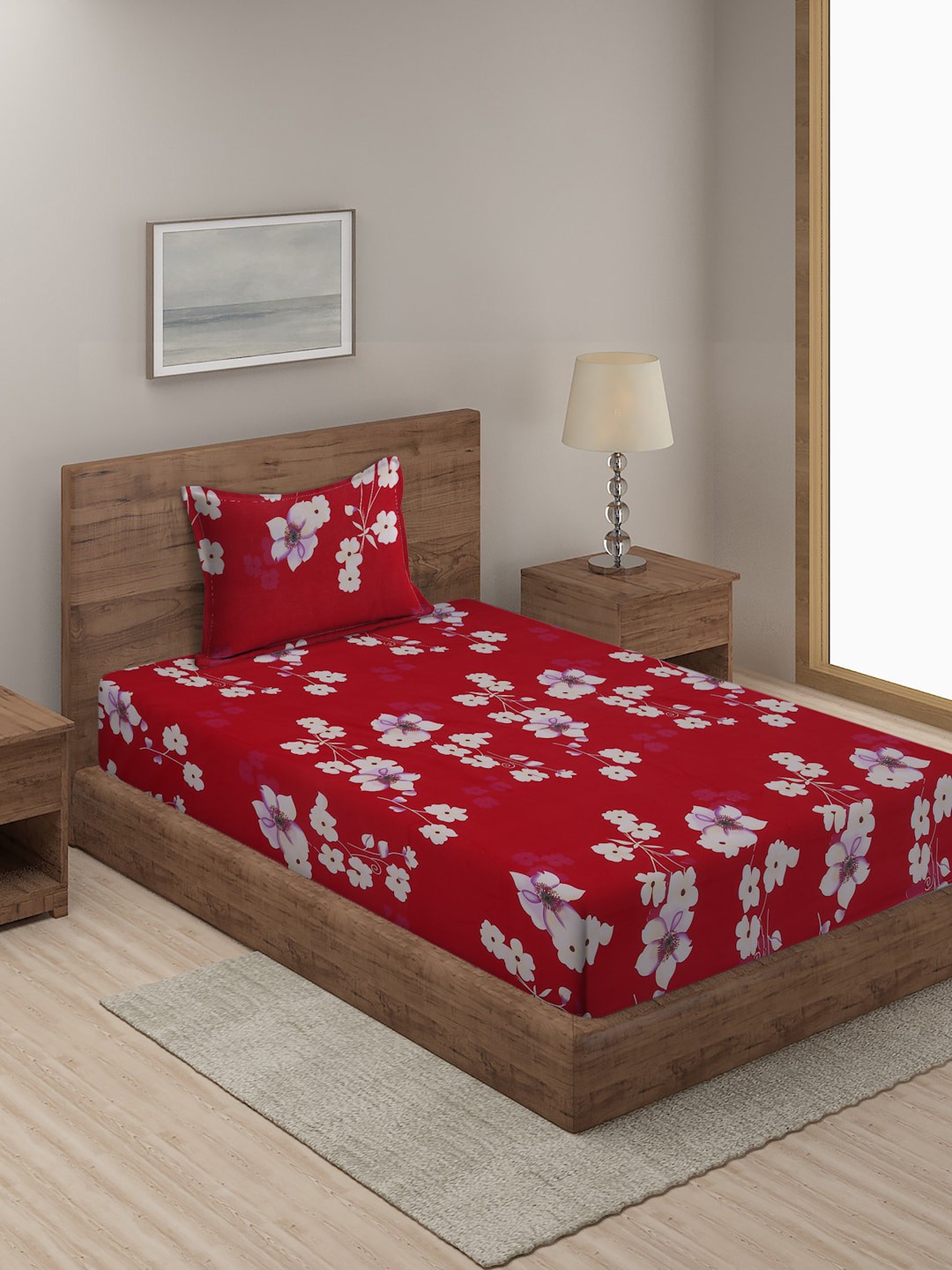 

SOKNACK Red 300 TC SINGLE BED PRINED BED SHEET WITH 1 PILLOW COVER