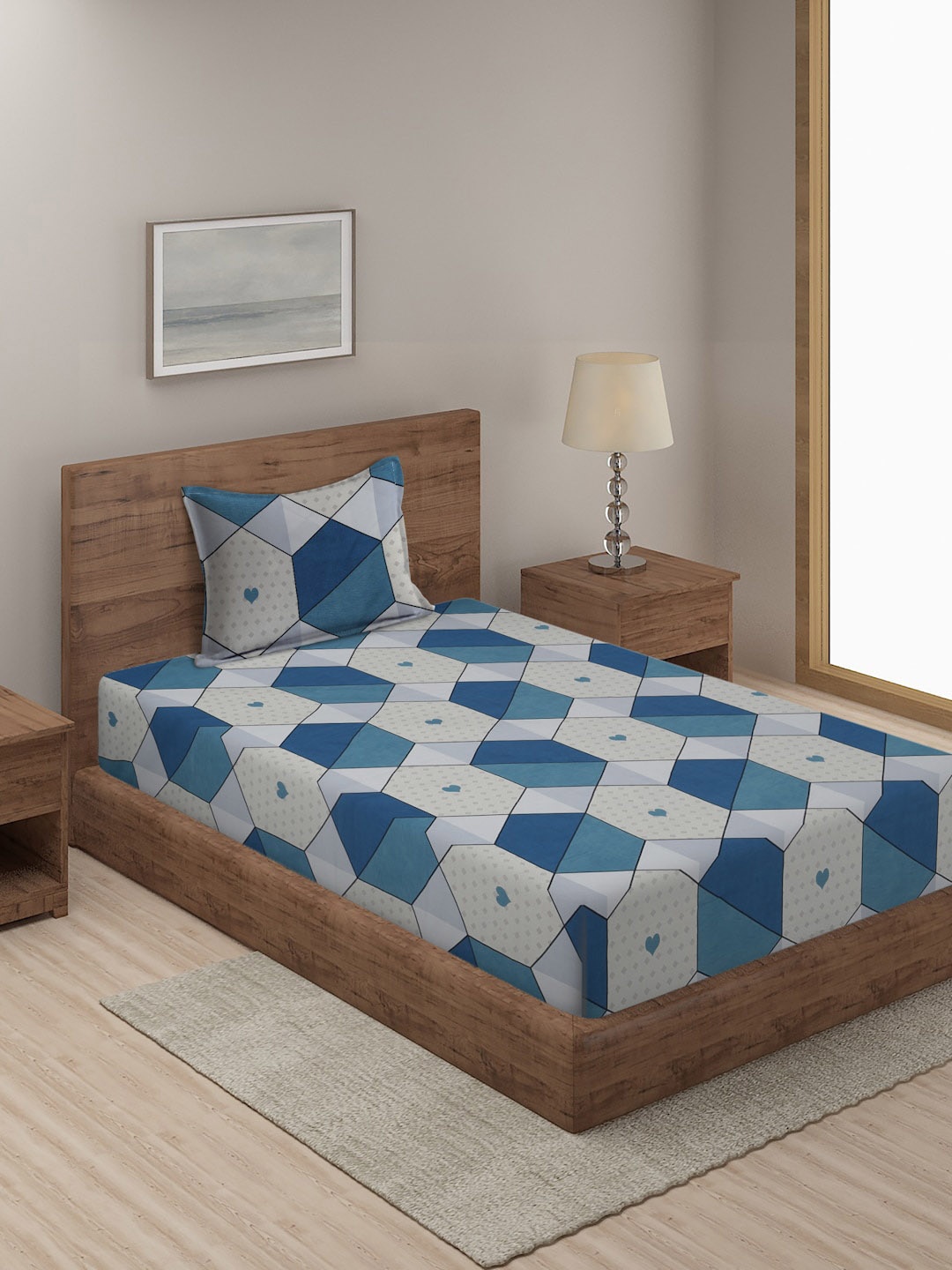 

SOKNACK Blue 300 TC SINGLE BED PRINED BED SHEET WITH 1 PILLOW COVER, White