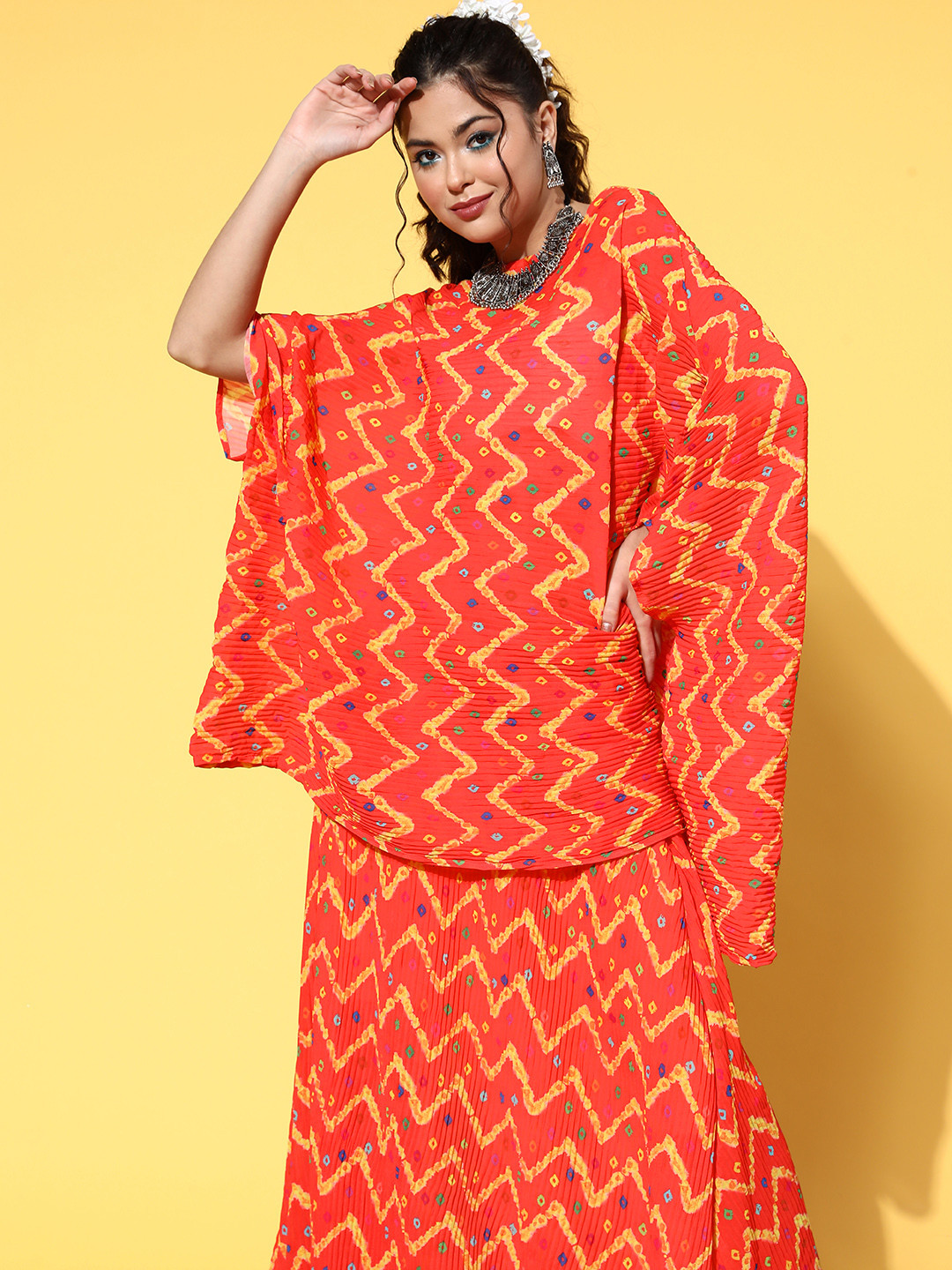 

InWeave Bright Orange Geometric Plisse Top
