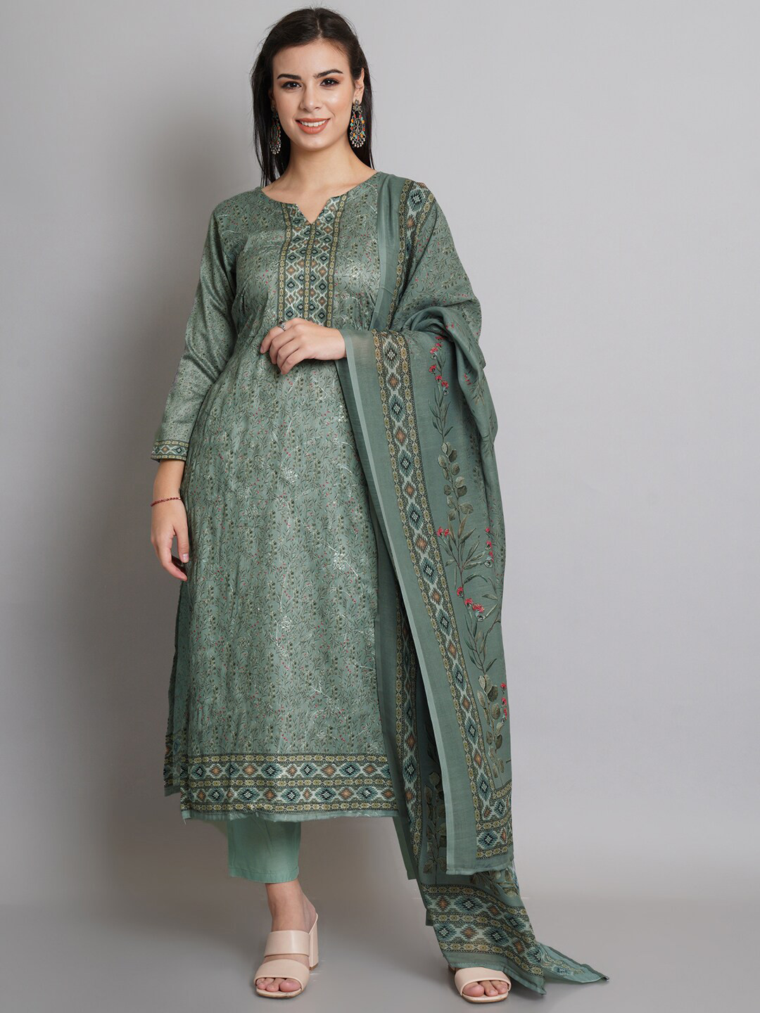 

Stylee LIFESTYLE Olive Green & White Digital Printed Unstitched Dress Material