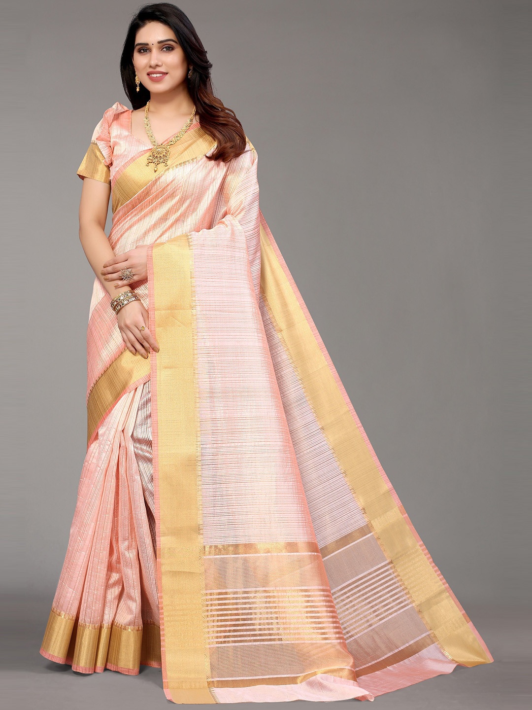 

Winza Designer Pink & Gold-Toned Woven Design Zari Silk Blend Banarasi Saree