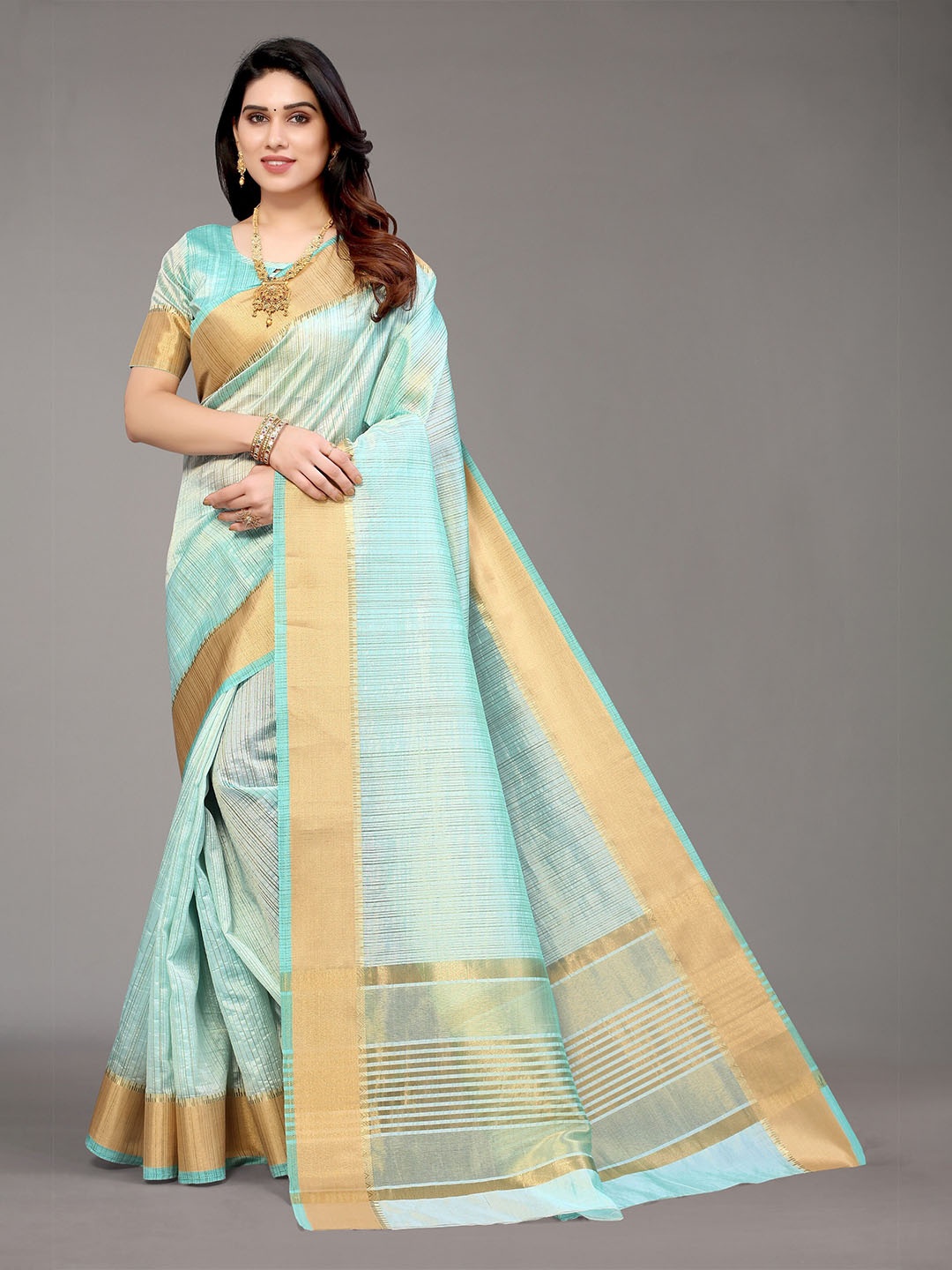 

Winza Designer Sea Green & Gold-Toned Woven Design Zari Silk Blend Fusion Banarasi Saree