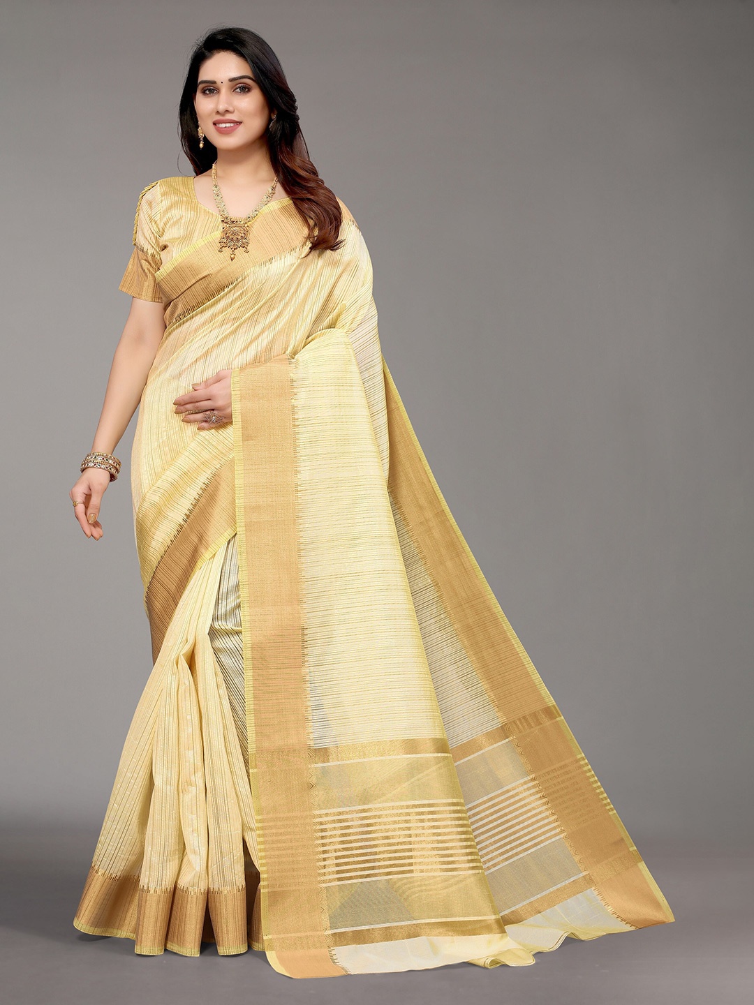 

Winza Designer Yellow & Gold-Toned Zari Silk Blend Banarasi Saree