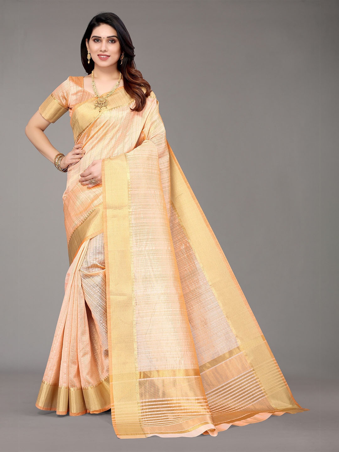 

Winza Designer Peach-Coloured & Gold-Toned Woven Design Zari Silk Blend Fusion Banarasi Saree