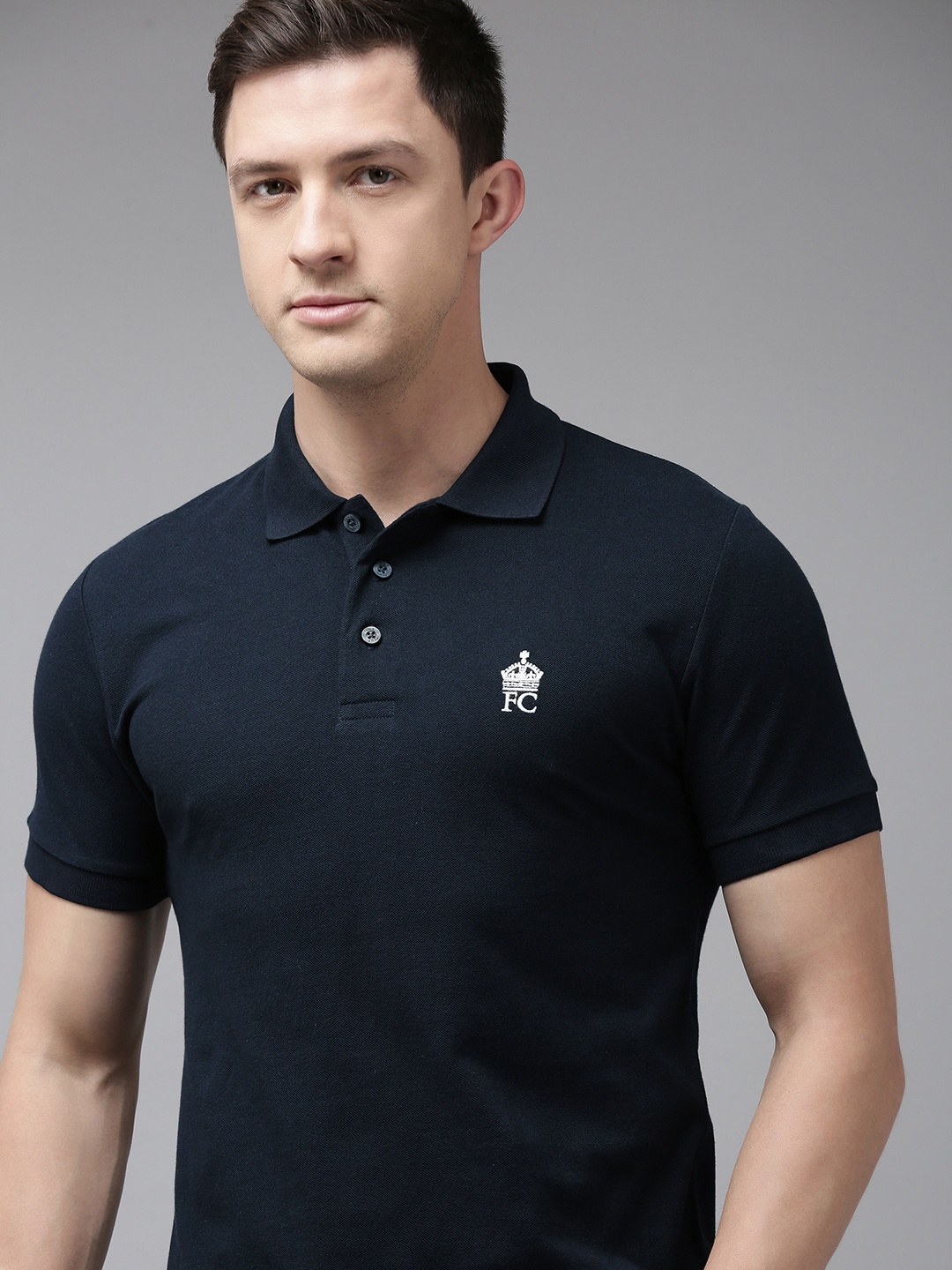 

French Connection Men Navy Blue Polo Collar Pure Cotton Slim Fit T-shirt