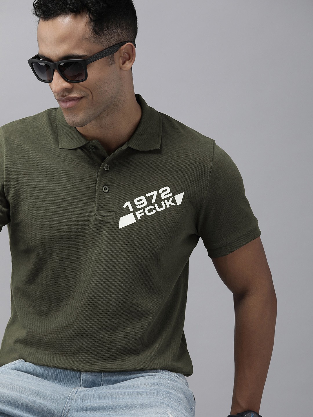 

French Connection Men Olive Green Polo Collar Pure Cotton Slim Fit T-shirt