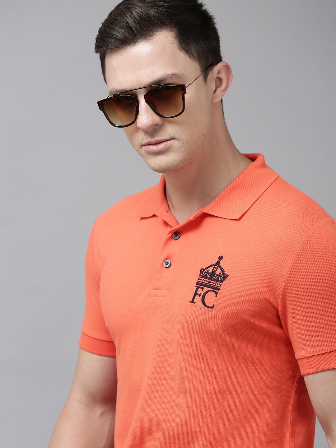 

French Connection Men Orange Polo Collar Pure Cotton Slim Fit T-shirt