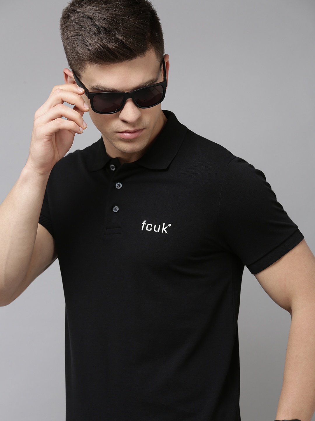 

French Connection Men Black Polo Collar Pure Cotton Slim Fit T-shirt With Brand Logo Print