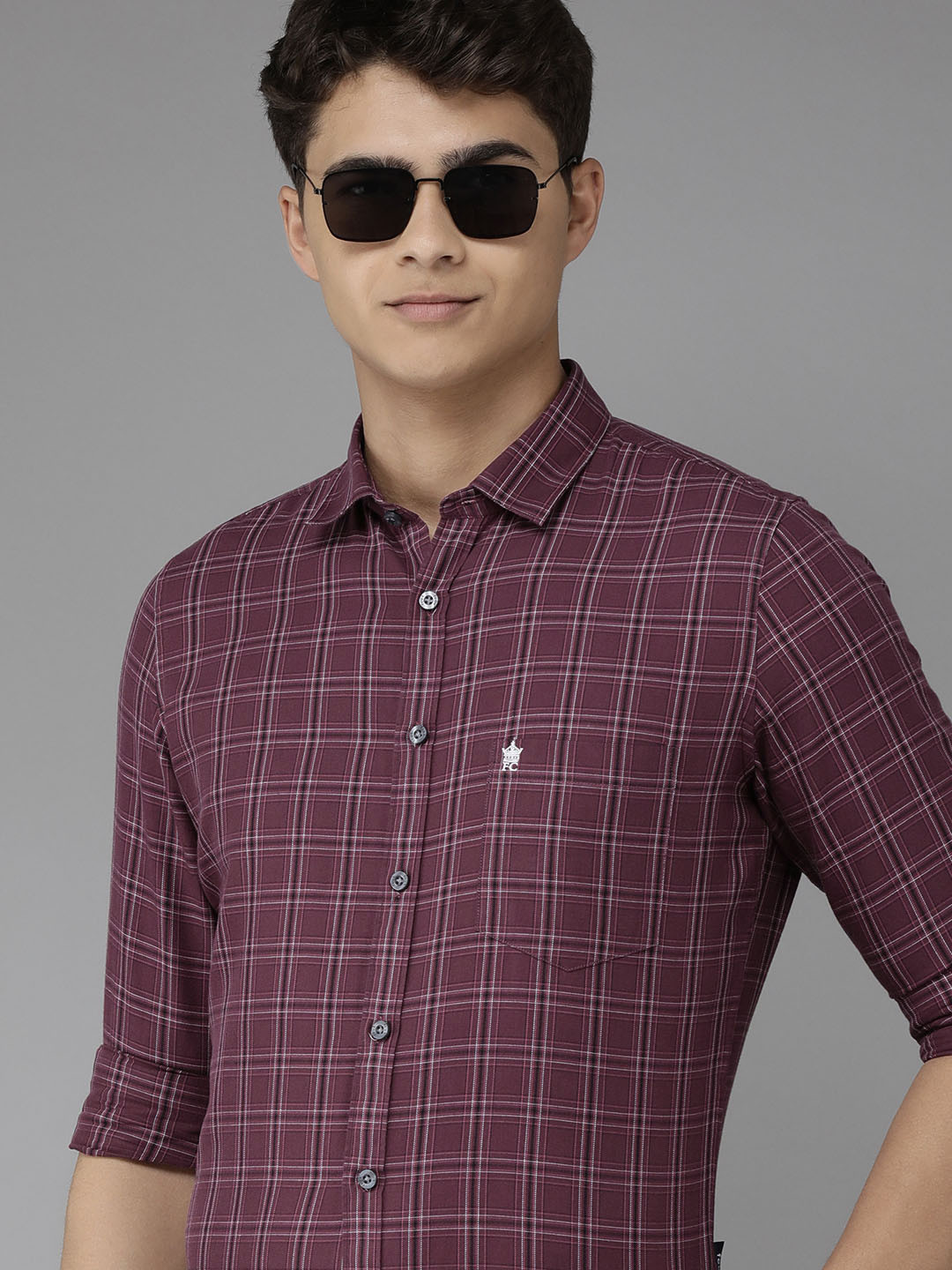 

French Connection Men Maroon & White Slim Fit Tartan Checked Pure Cotton Casual Shirt