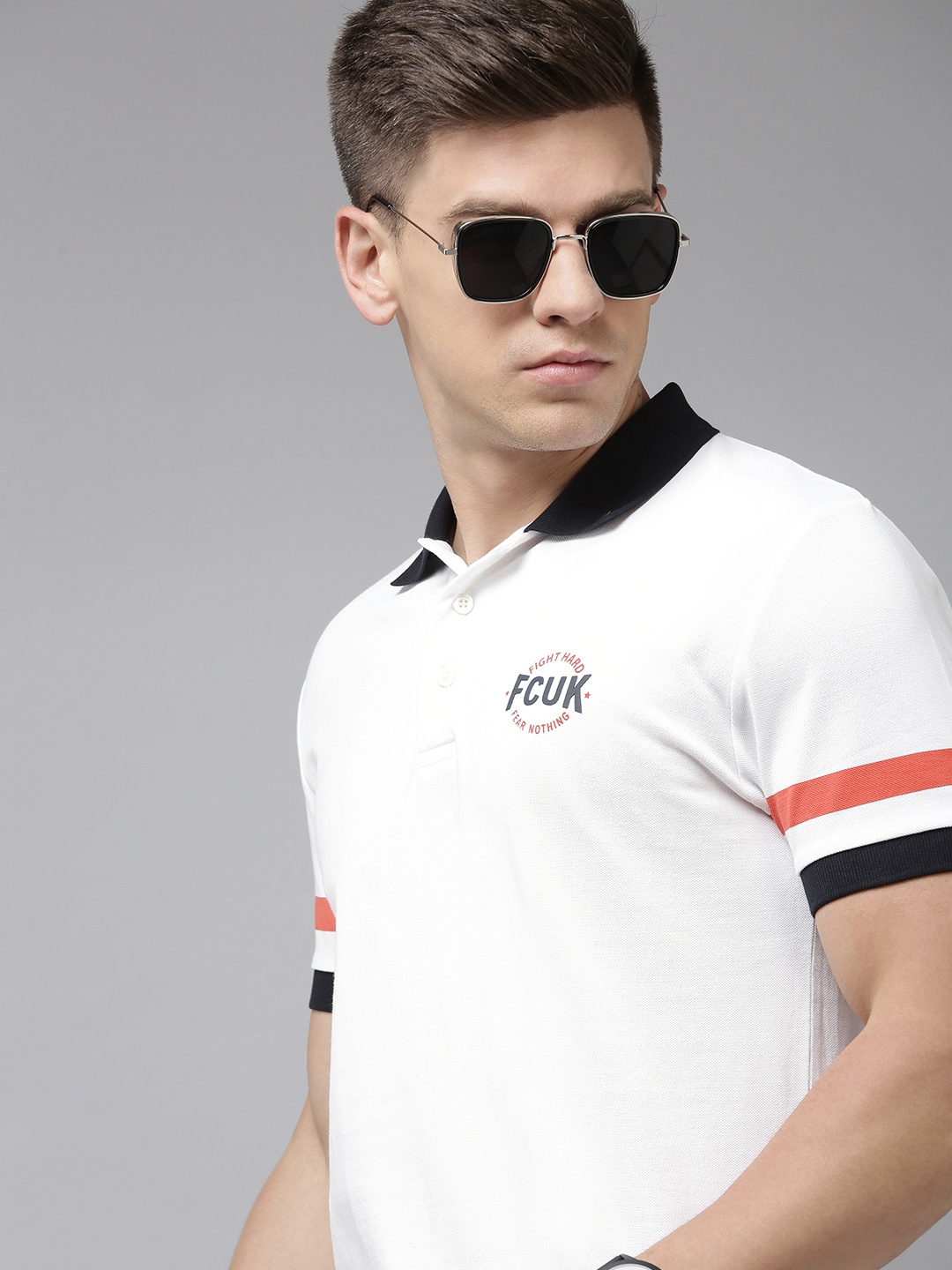 

French Connection Men White Polo Collar Pure Cotton Slim Fit T-shirt With Brand Logo Print