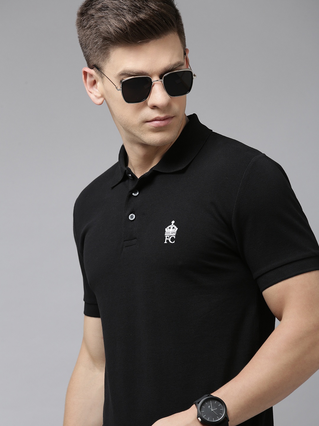 

French Connection Men Black Brand Logo Embroidered Pure Cotton Slim Fit Polo T-shirt