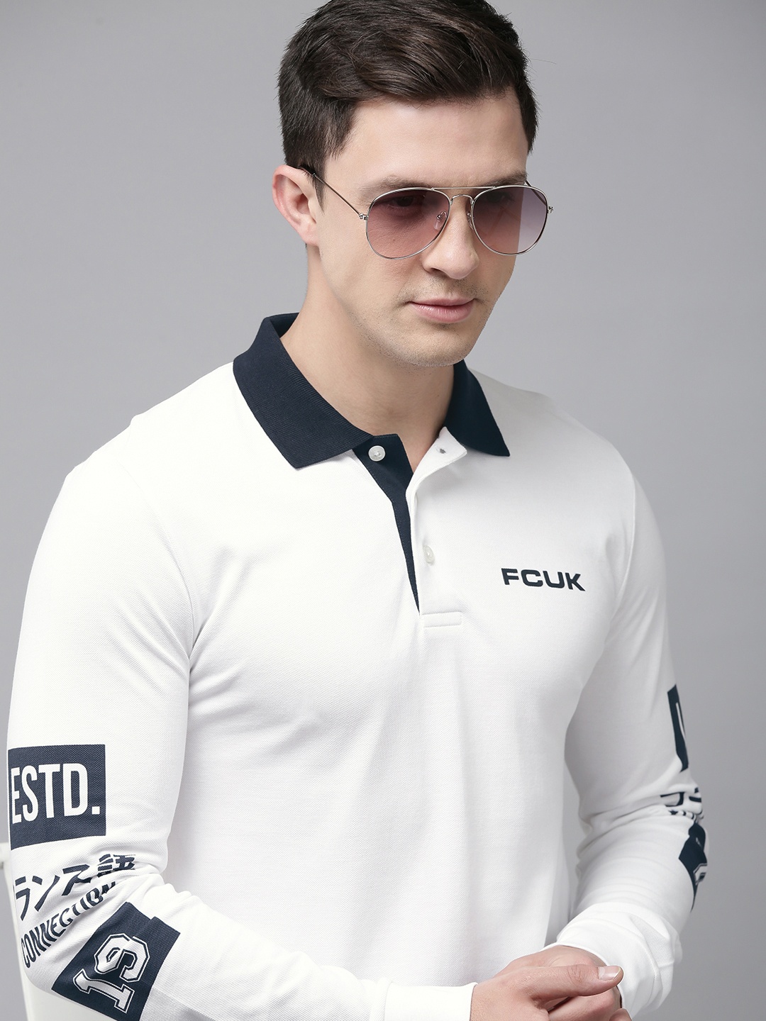 

French Connection Men White Polo Collar Pure Cotton Slim Fit T-shirt