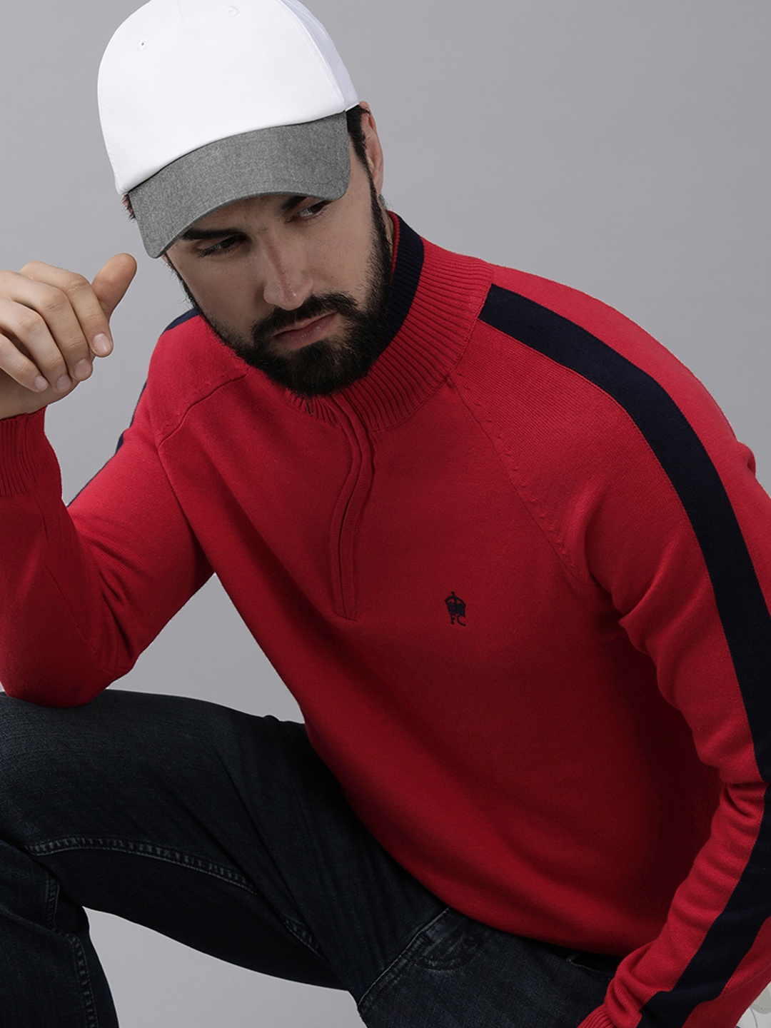 

French Connection Men Red Pure Cotton Raglan Sleeves Mock Neck Pullover Sweater