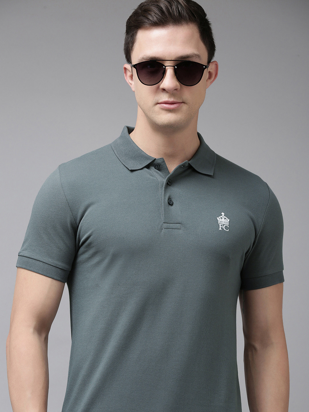 

French Connection Men Grey Polo Collar Pure Cotton Slim Fit T-shirt With Brand Logo