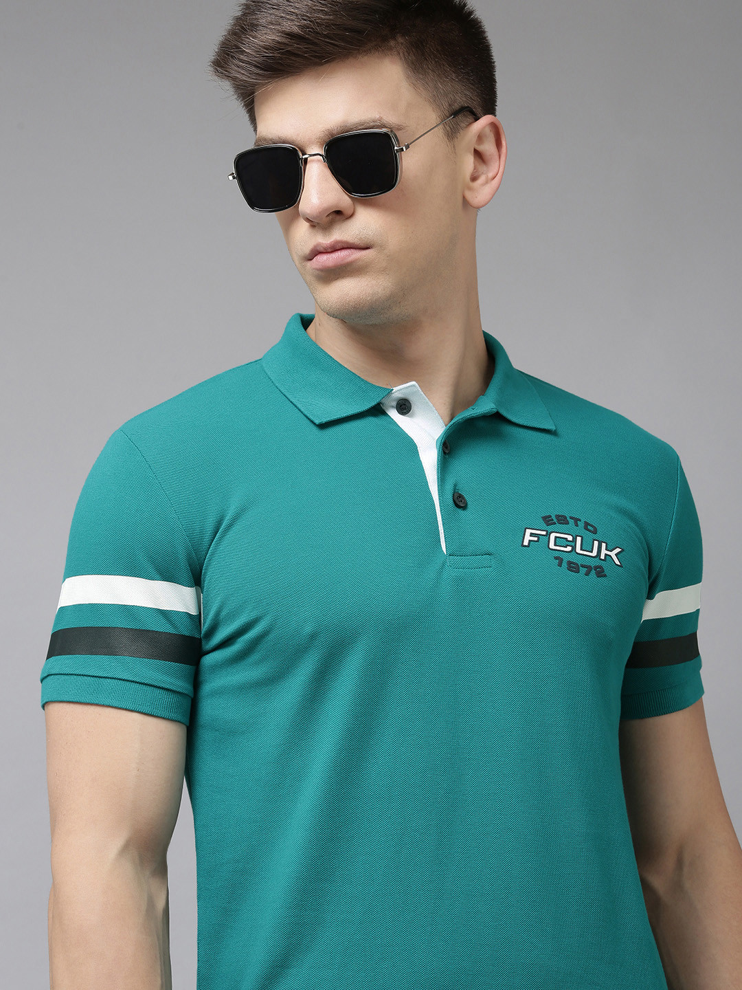 

French Connection Men Sea Green Brand Logo Printed Pure Cotton Applique Slim Polo T-shirt
