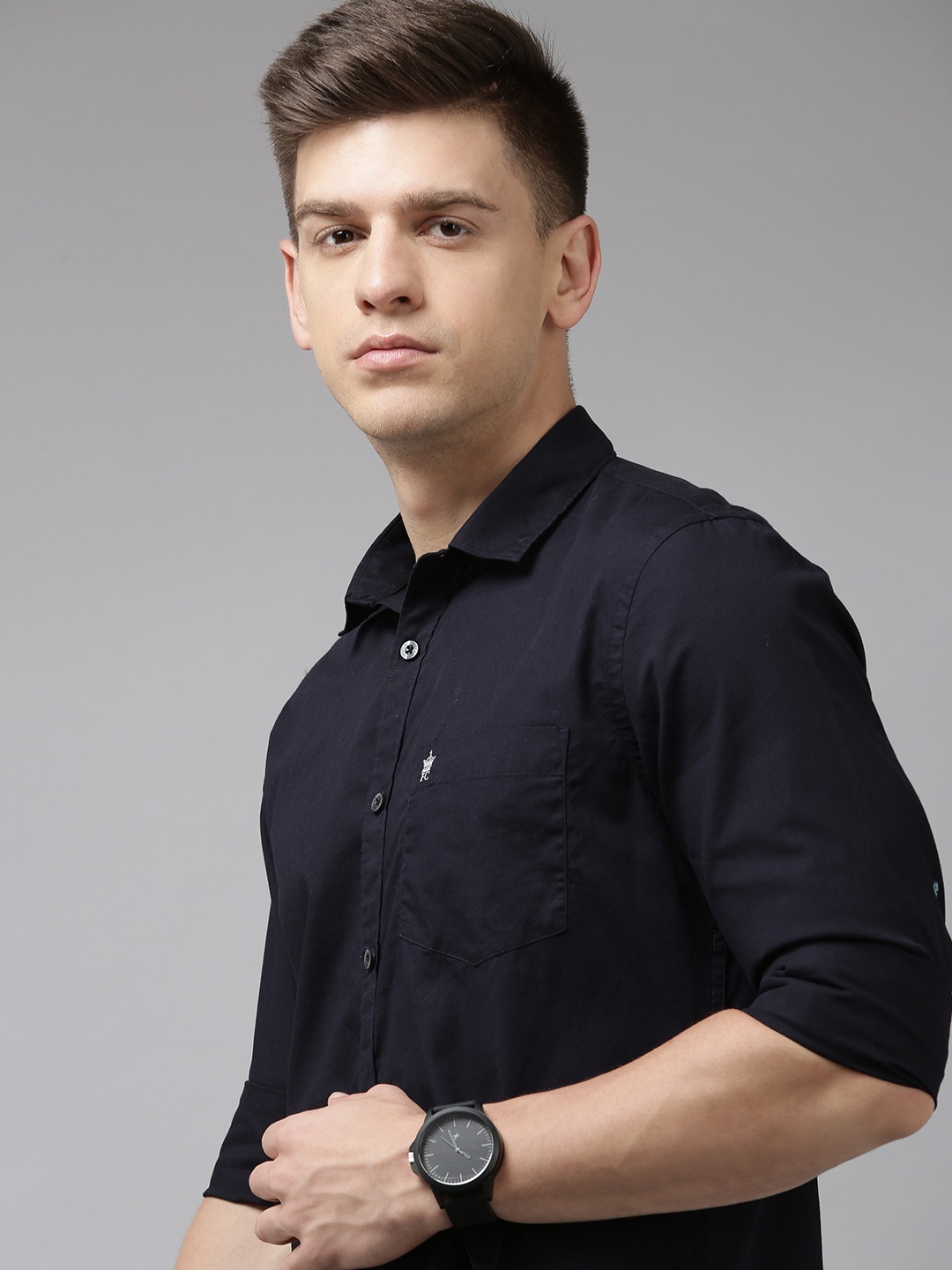 

French Connection Men Navy Blue Solid Classic Slim Fit Pure Cotton Casual Shirt