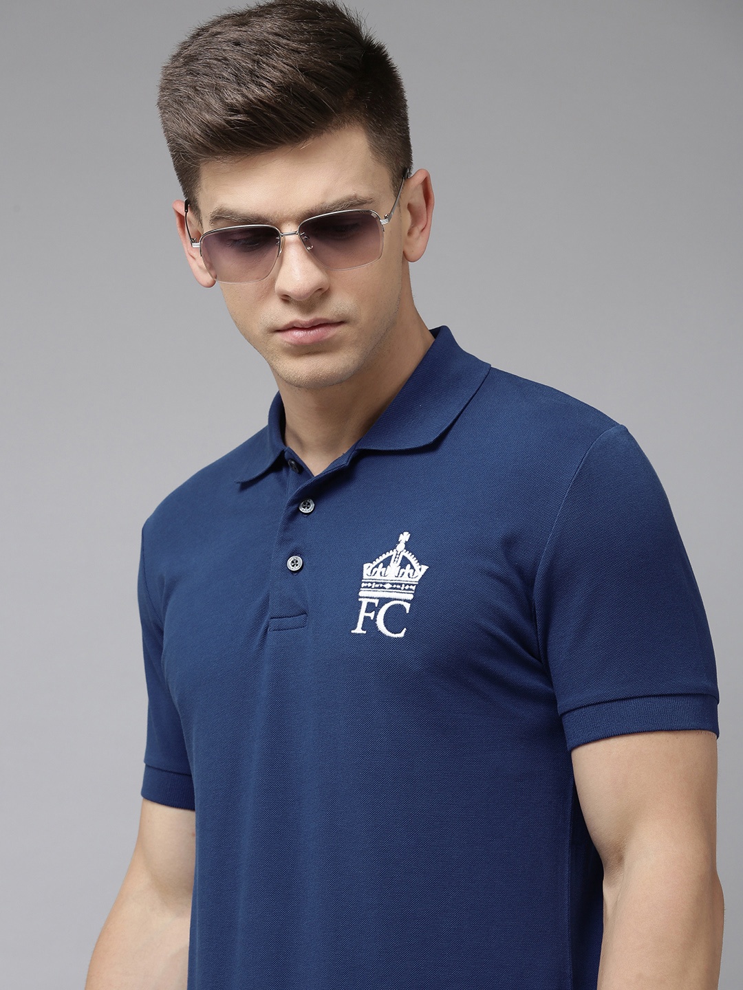 

French Connection Men Blue Brand Logo Embroidered Pure Cotton Slim Fit Polo T-shirt