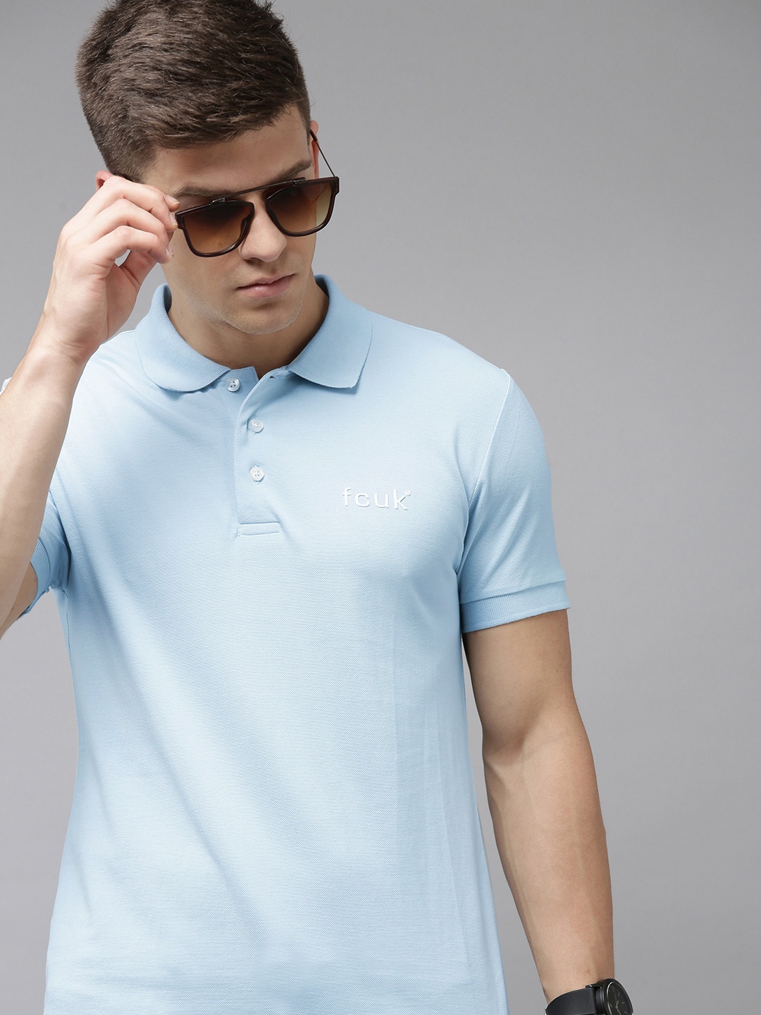 

French Connection Men Blue Polo Collar Pure Cotton Slim Fit T-shirt With Brand Logo Print