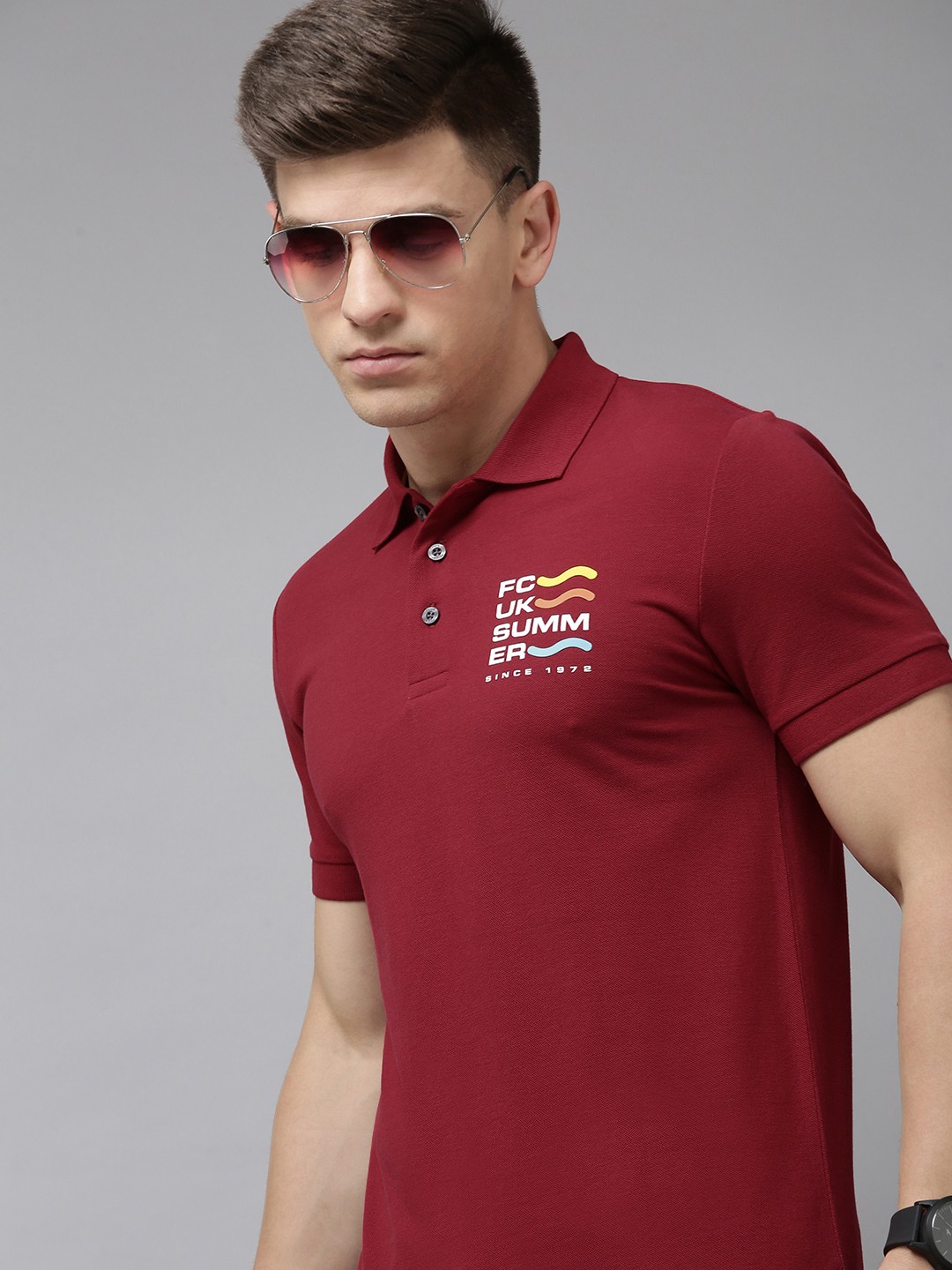 

French Connection Men Red Brand Logo Printed Polo Collar Pure Cotton Slim Fit T-shirt