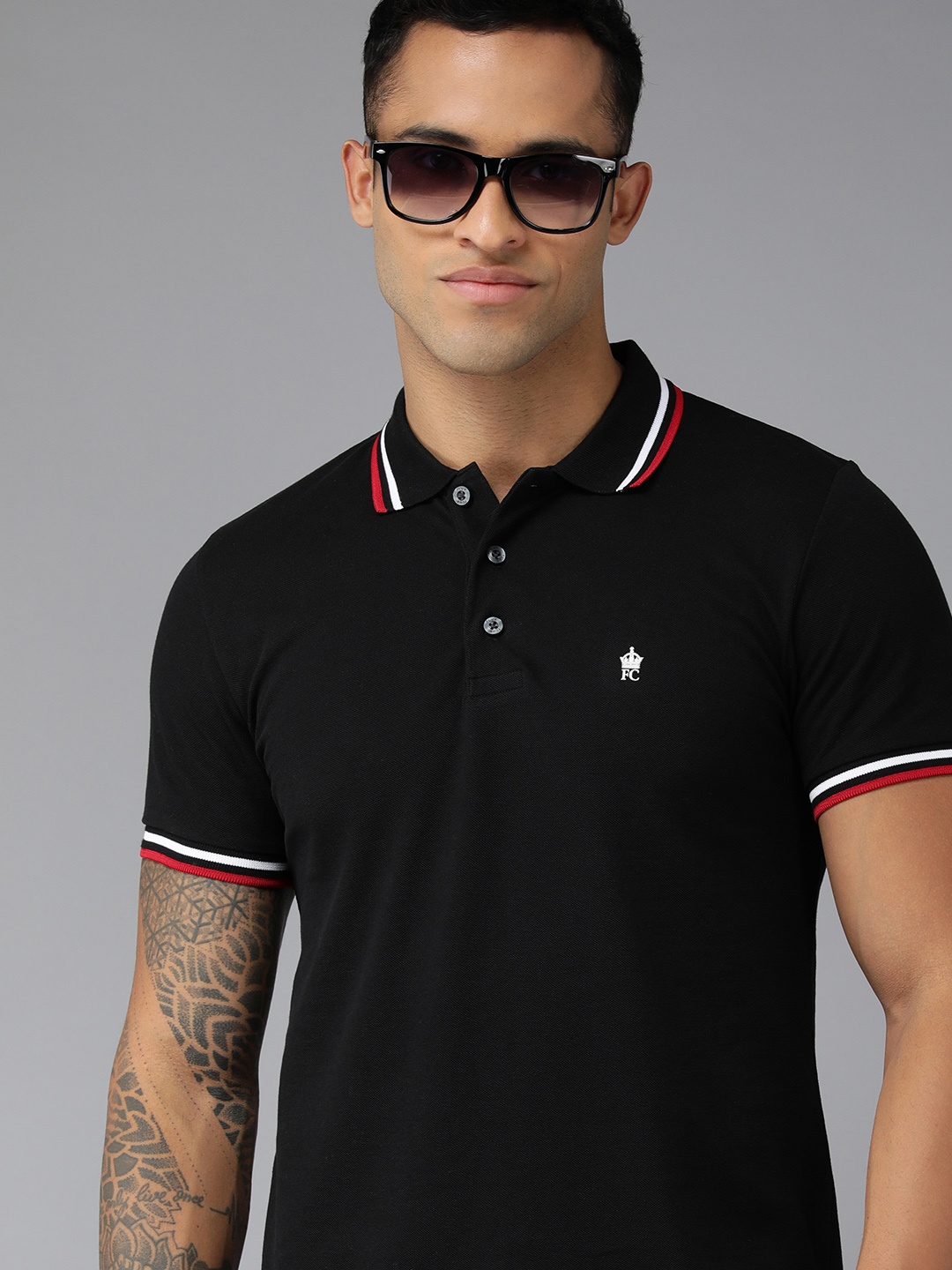

French Connection Men Black Polo Collar Pure Cotton Slim Fit T-shirt
