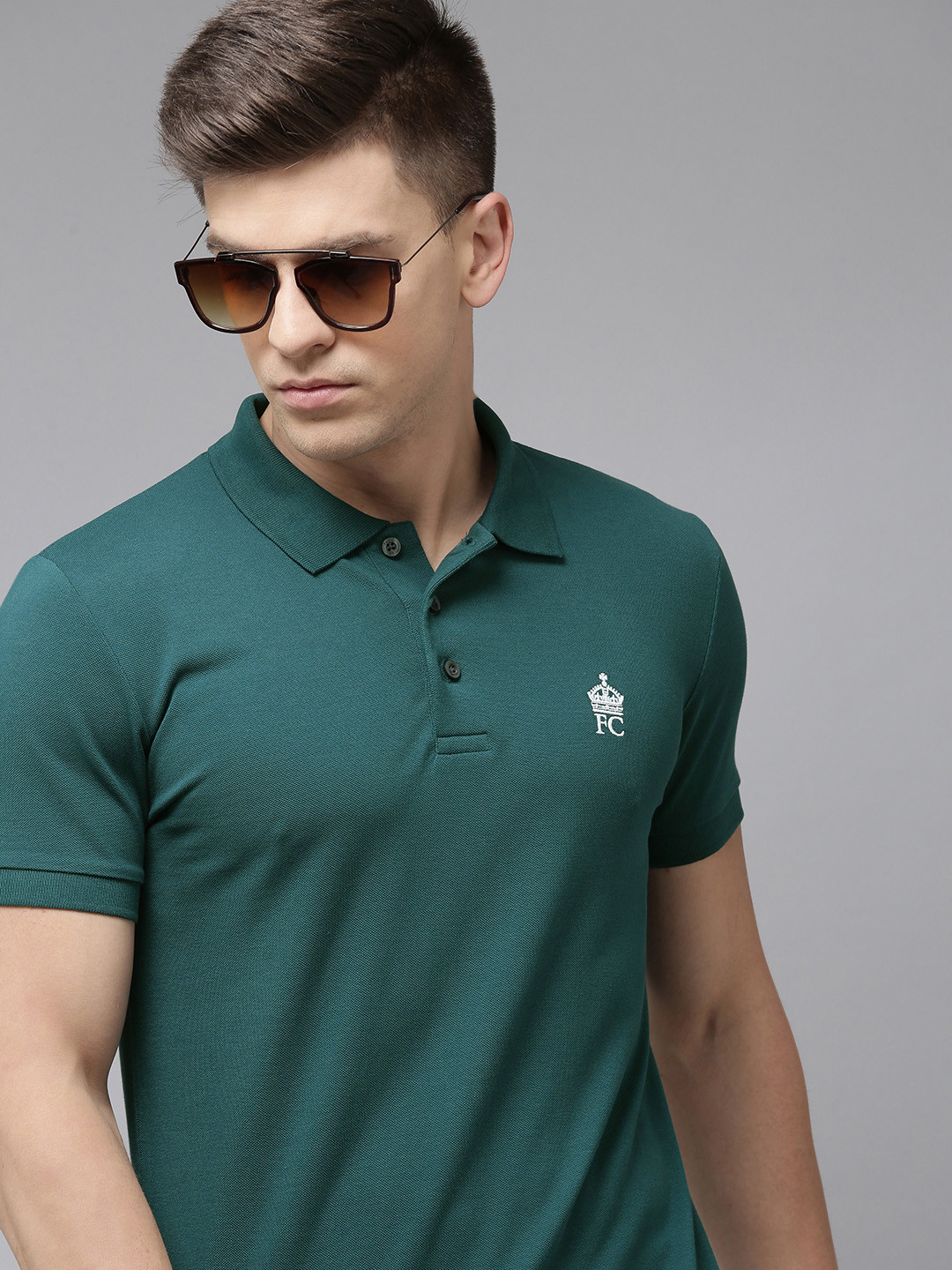 

French Connection Men Teal Green Brand Logo Embroidered Pure Cotton Slim Fit Polo T-shirt