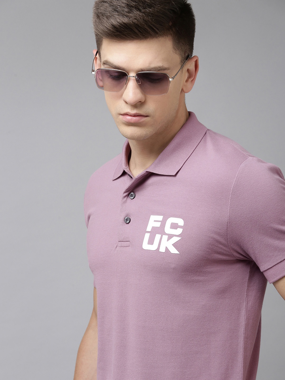 

French Connection Men Mauve Pink Polo Collar Pure Cotton Slim Fit T-shirt With Brand Logo