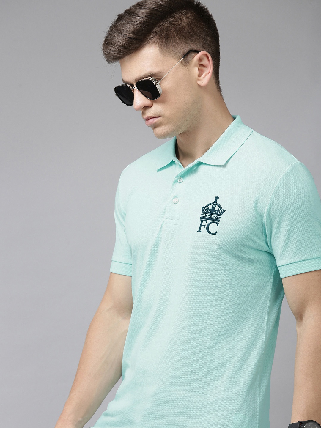 

French Connection Men Blue Polo Collar Indigo Pure Cotton Slim Fit T-shirt With Brand Logo