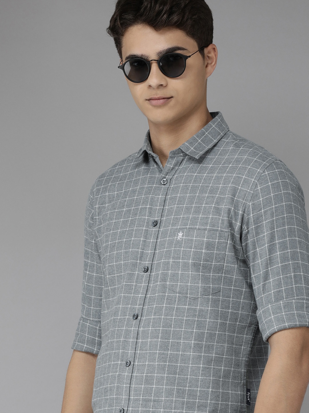 

French Connection Men Grey & White Slim Fit Checked Pure Cotton Casual Shirt