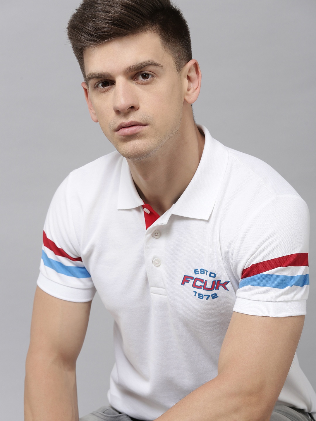 

French Connection Men White Polo Collar Pure Cotton Slim Fit T-shirt With Brand Logo Print