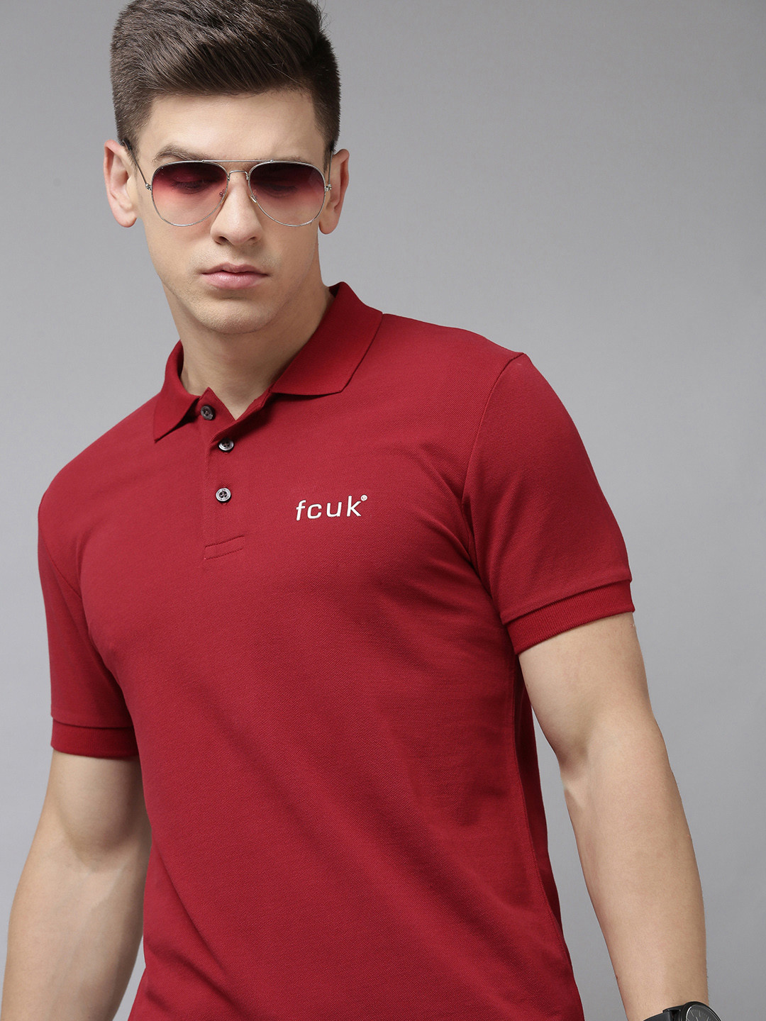 

French Connection Men Red Polo Collar Pure Cotton Slim Fit T-shirt With Brand Logo Print