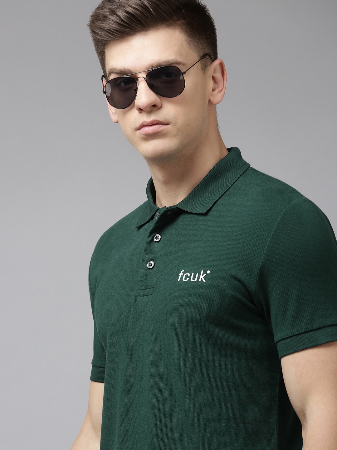 

French Connection Men Green Polo Collar Pure Cotton Slim Fit T-shirt With Brand Logo Print