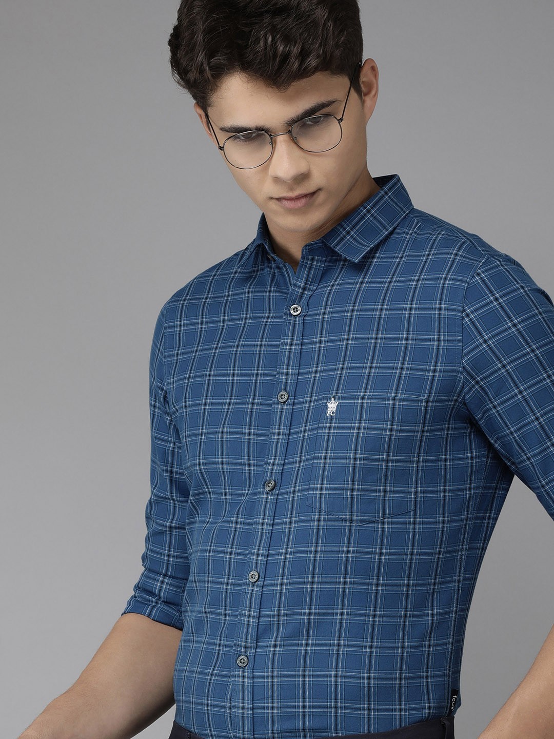 

French Connection Men Blue & White Slim Fit Tartan Checked Pure Cotton Casual Shirt