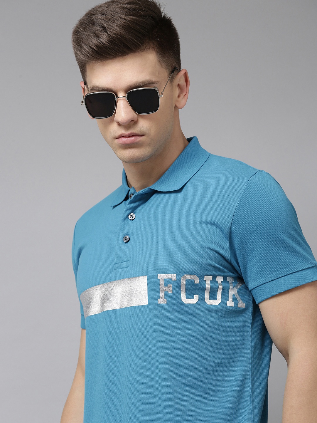 

French Connection Men Blue Brand Logo Print Polo Collar Pure Cotton Slim Fit T-shirt