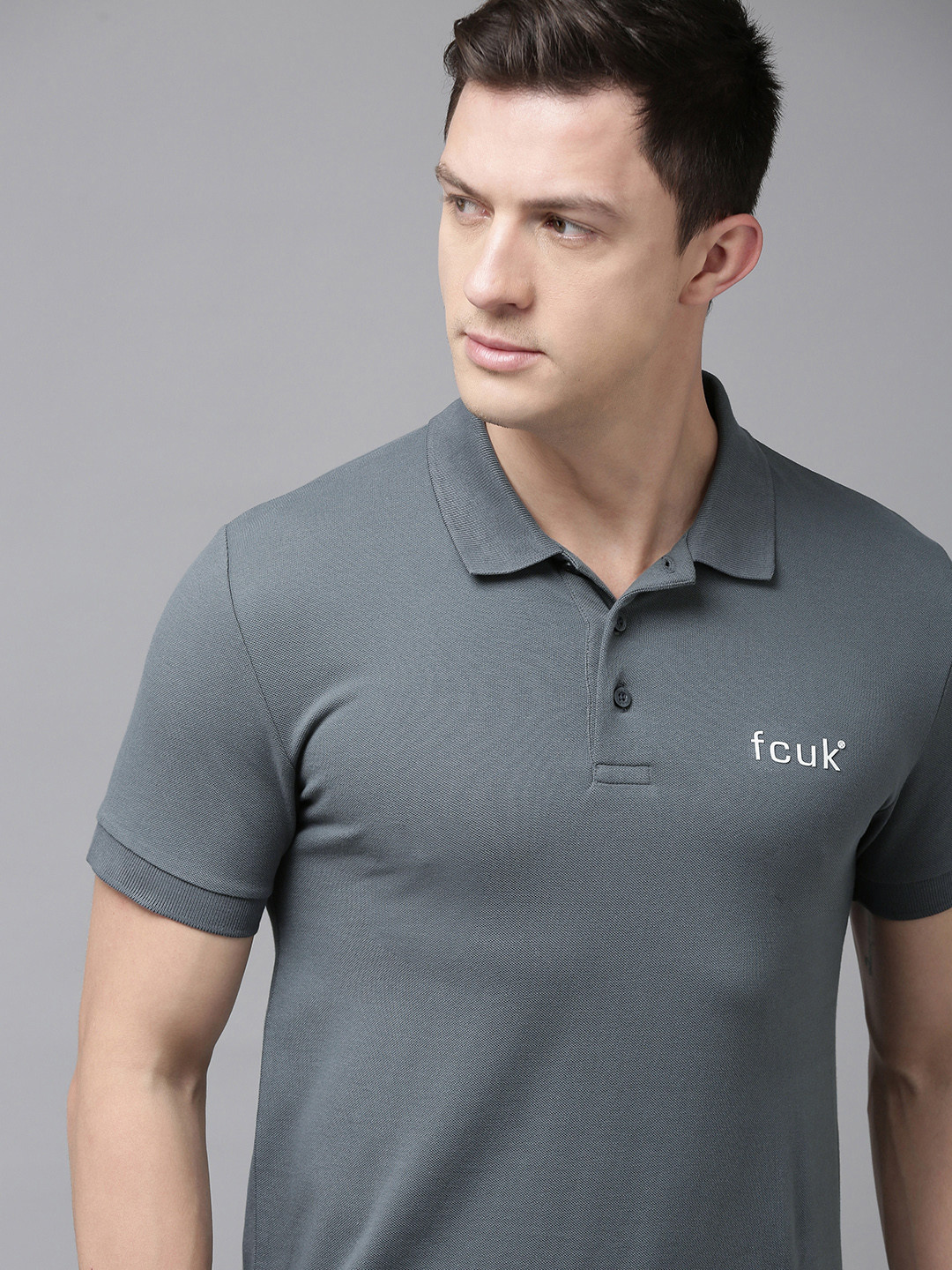

French Connection Men Grey Polo Collar Pure Cotton Slim Fit T-shirt