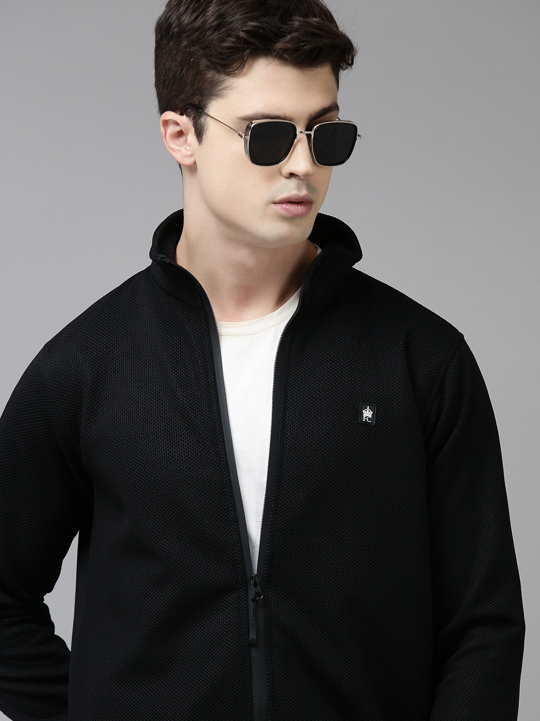 

French Connection Men Black Self Design Bomber Jacket