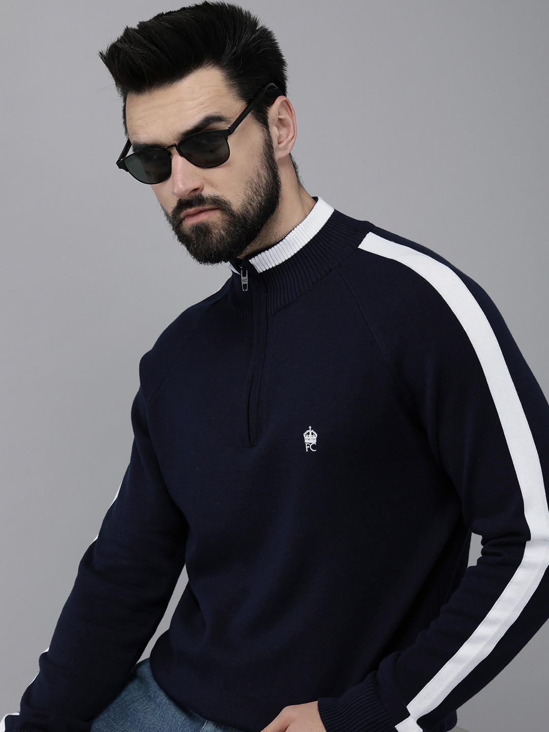 

French Connection Men Navy Blue Pure Cotton Raglan Sleeves Mock Neck Pullover Sweater