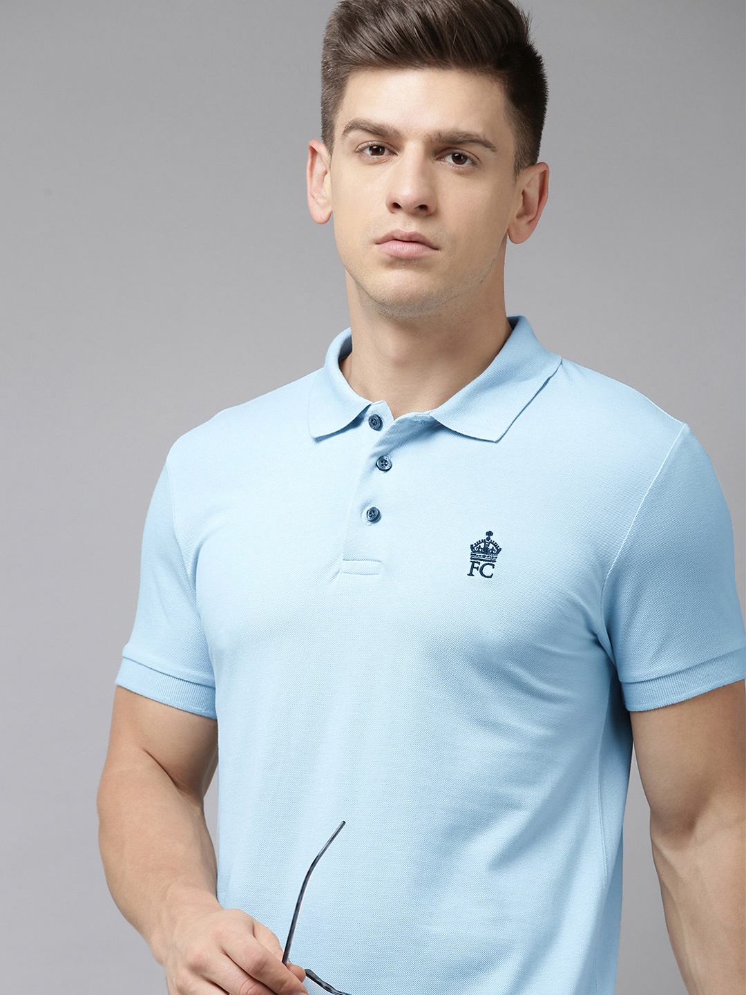

French Connection Men Blue Polo Collar Pure Cotton Slim Fit T-shirt With Brand Logo