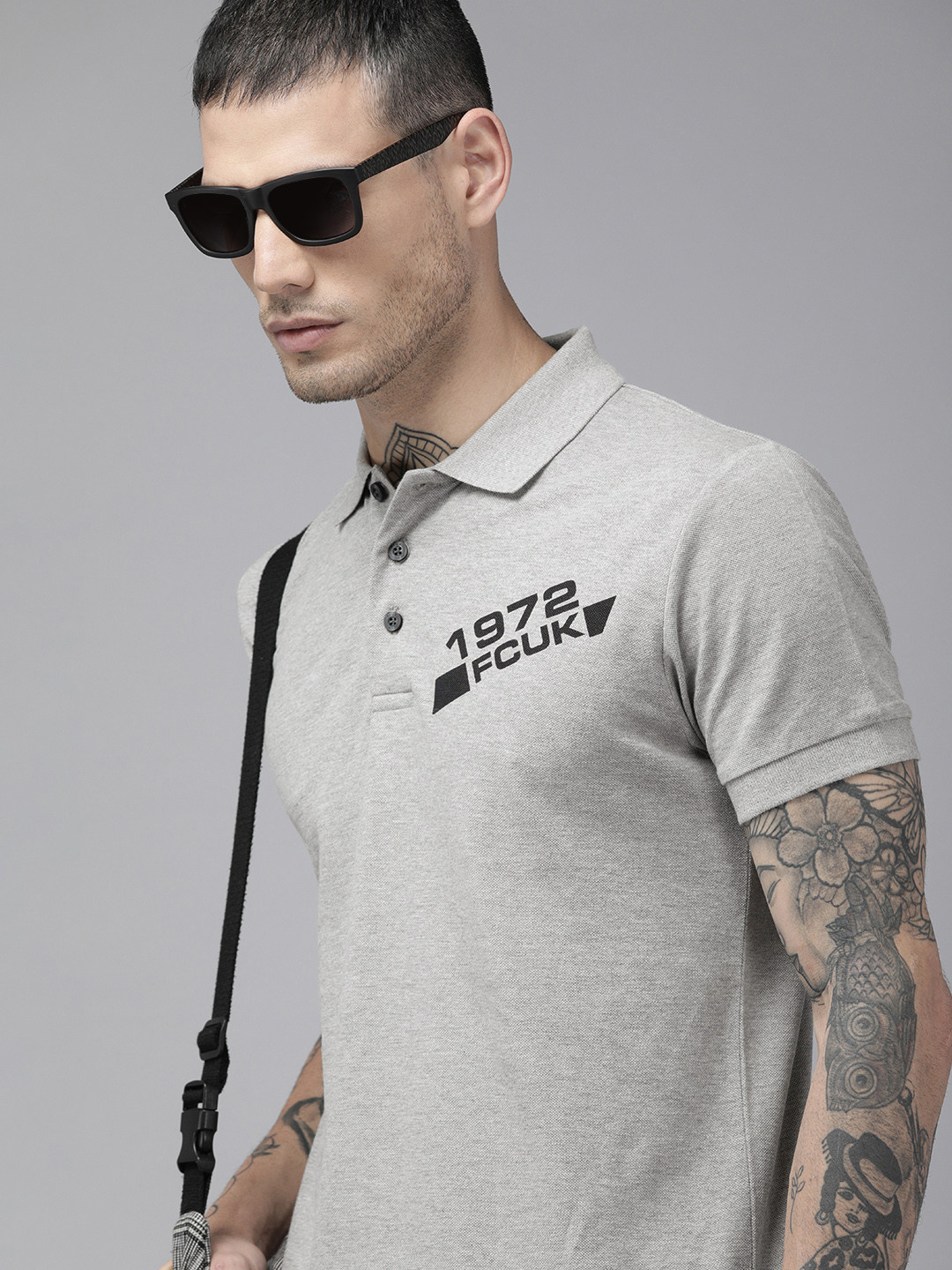 

French Connection Men Grey Melange Typography Printed Polo Collar Pure Cotton T-shirt