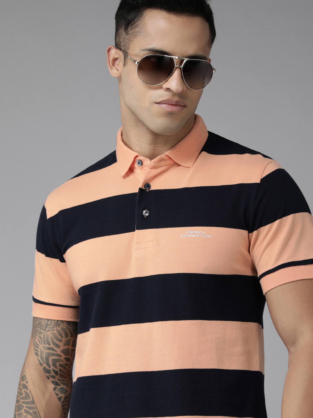 

French Connection Men Peach-Coloured & Navy Blue Striped Polo Collar Pure Cotton Slim Fit T-shirt