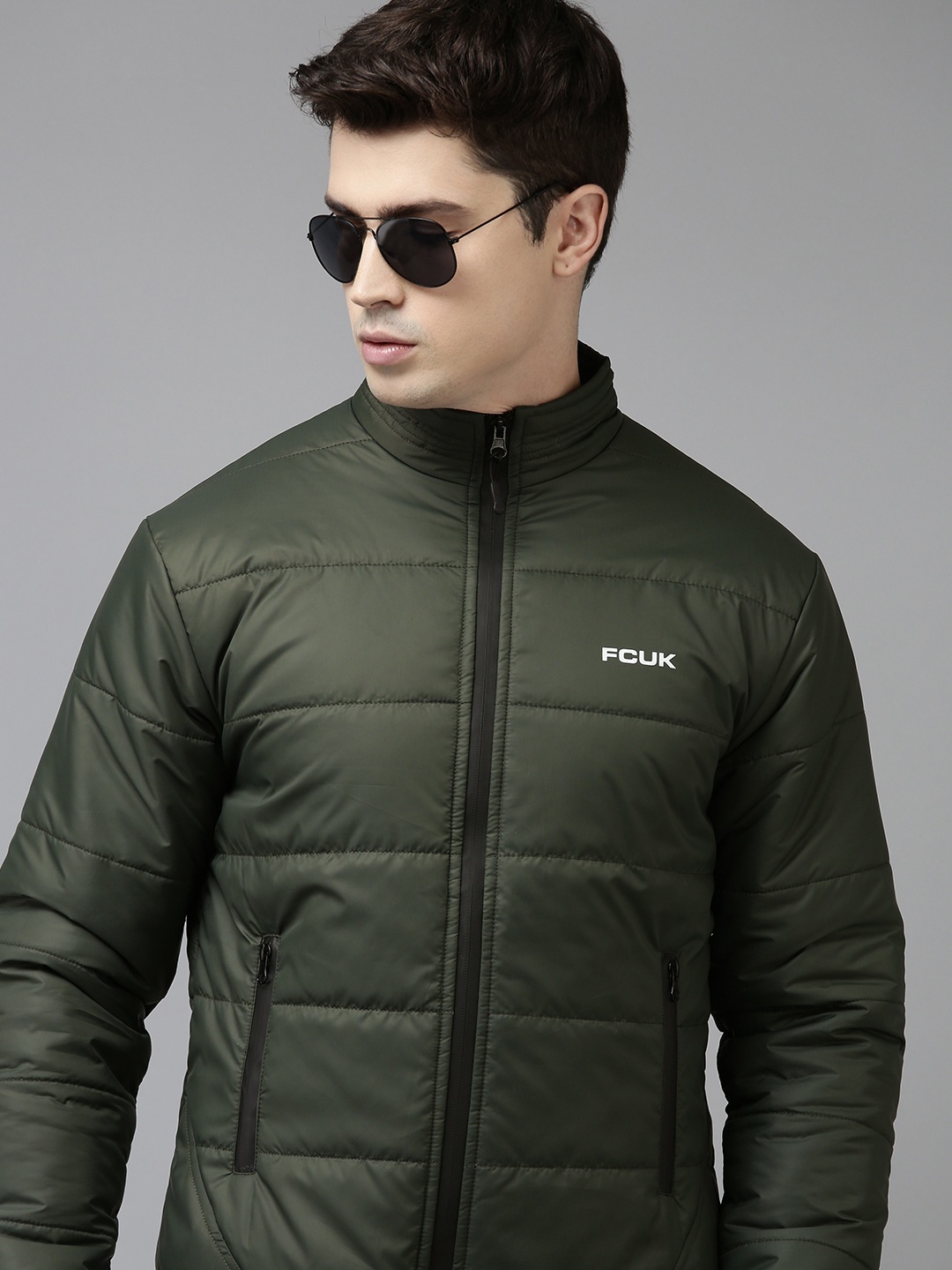 

French Connection Men Olive Green Solid Padded Jacket