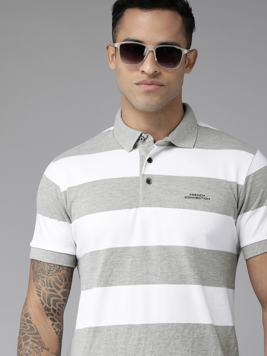 

French Connection Men Grey & White Striped Polo Collar Pure Cotton Slim Fit T-shirt